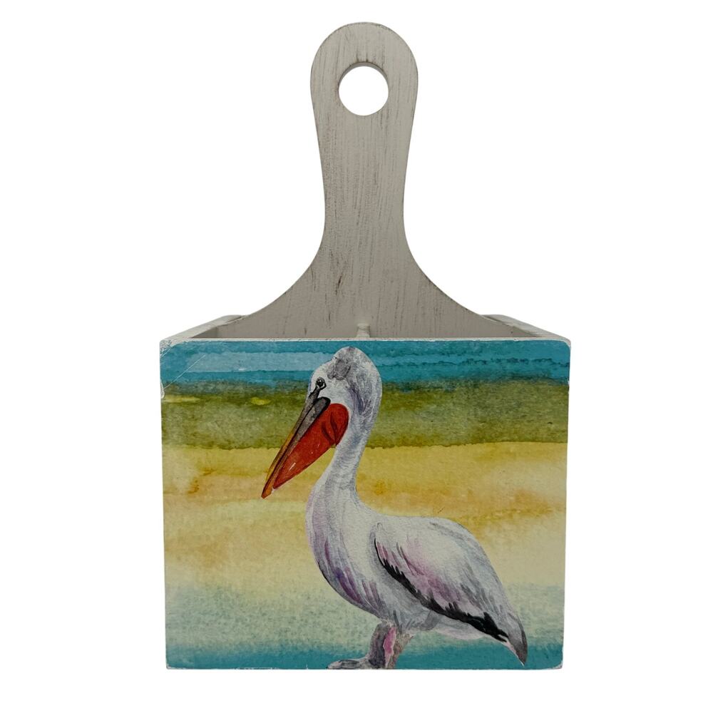 Coastal Pelican Wood Silverware Holder Beach Utensil Caddy Decor